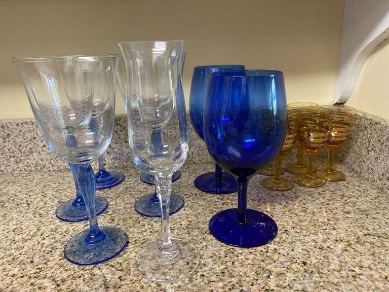 Stemmed glassware, 5 blue stem with clear stems, 2 cobalt blue, 5 amber striped, 1 clear image