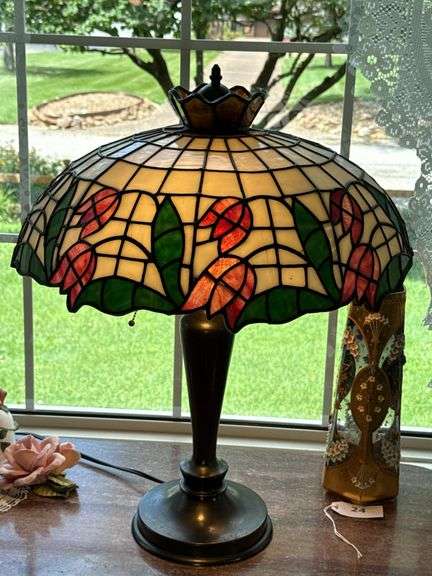 Antique stained  glass tulip lamp with bronze base 24" t image