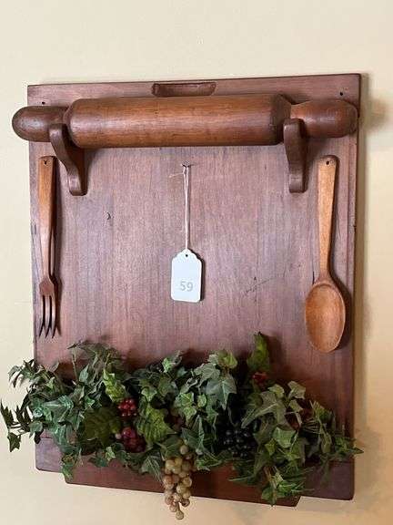 Antique rolling pin, knife & spoon display