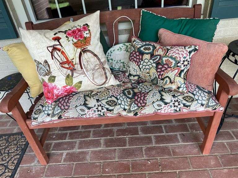 4’ wood bench with pillows and welcome sign image