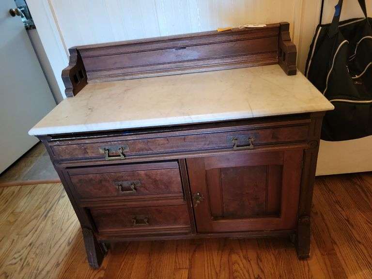 Antique Burl Walnut Marble Top Wash Stand w/Brass Pulls & dove tail joints   35½ x 31 x 18 image