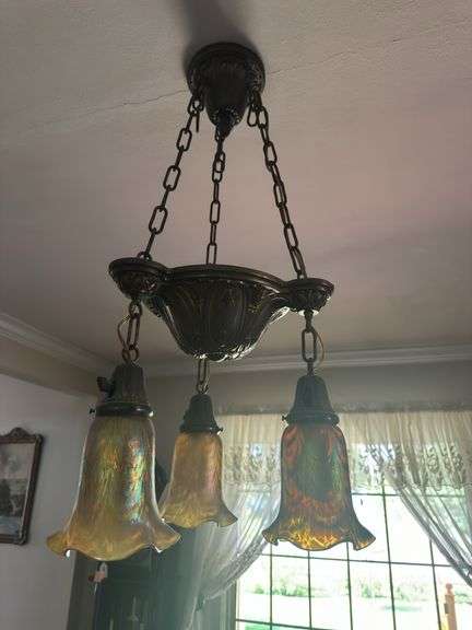 Antique Brass 3-point Chandelier w/Tiffany-Style Art Glass Shades image
