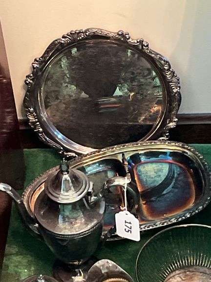Silver plate tea pot, creamer & sugar, divided dish , silver plate wire bowl