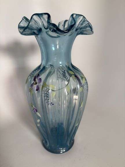Handpainted, ruffle top vase 11" signed by artist image