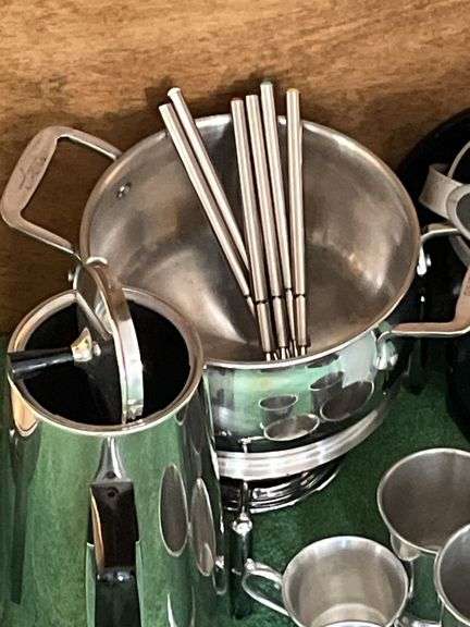 Fry daddy basket, fondue pot, sckewers, coffee server, misc