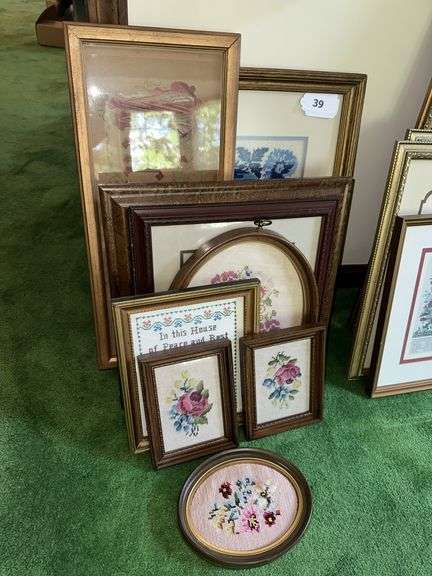 Large lot of framed needlework pictures