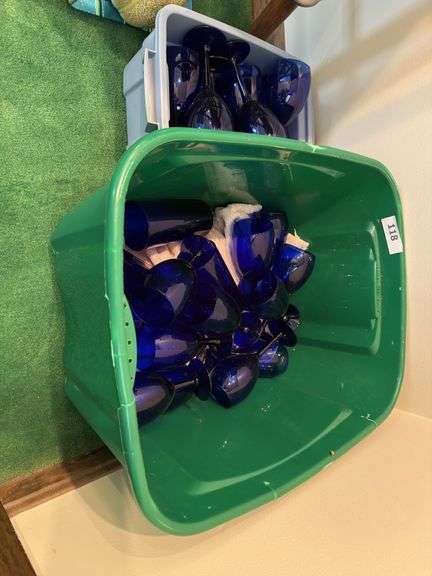 Cobalt blue glassware & 2 plastic tubs