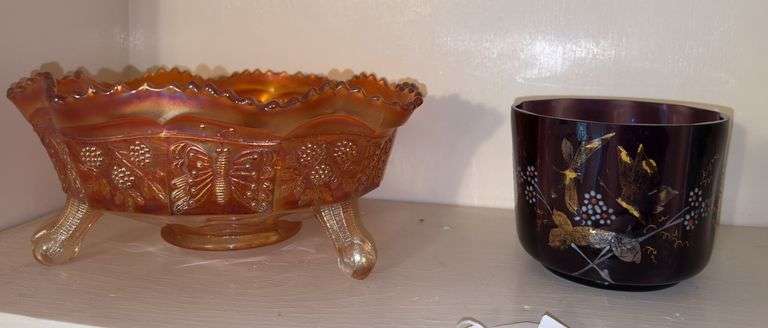 Organs Carnival glass 9”” footed bowl, 4.5” amethyst hand painted bowl image