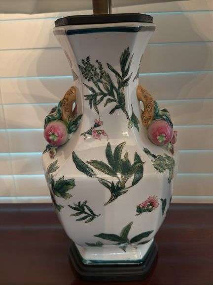 Ceramic base table lamp with jade finial 28"