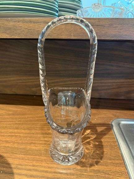 Etched glass basket, misc stemware