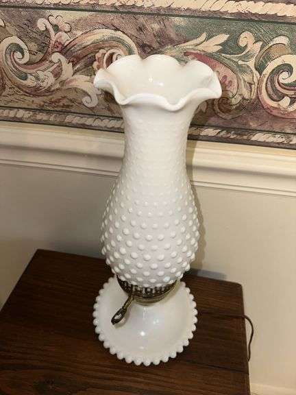 Pair of 14” tall milk glass hobnail shade lamps