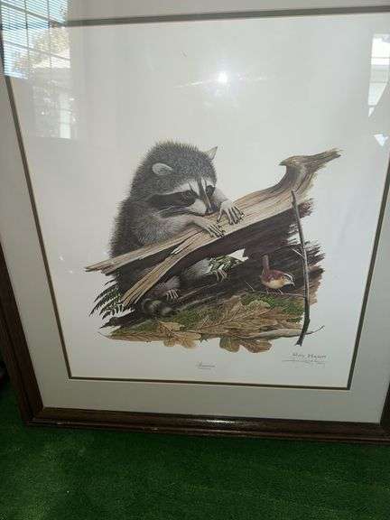 Framed watercolor, signed 27” x 31”, Ray Harm signed print “Raccoon” 25” x 27.5”