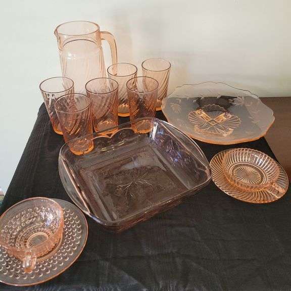Rosaline Pink Swirl Pitcher and Tumblers, Indiana Glass Pink Footed Platter, Casserole, Cups & Saucers