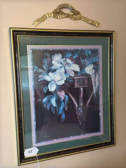 Framed print 22" x 26", metal bow, 3 decorative plates 5 1/2" dia