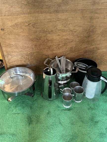 Fry daddy basket, fondue pot, sckewers, coffee server, misc image