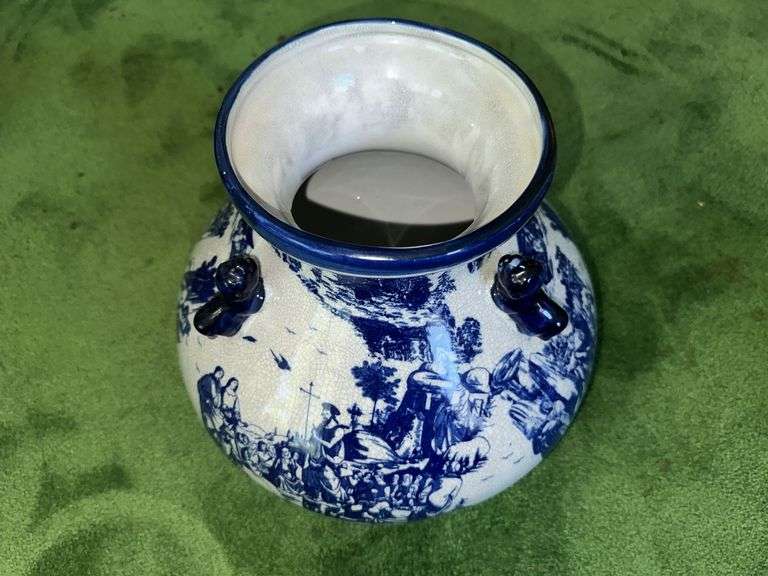 Large blue and white decorative vase
