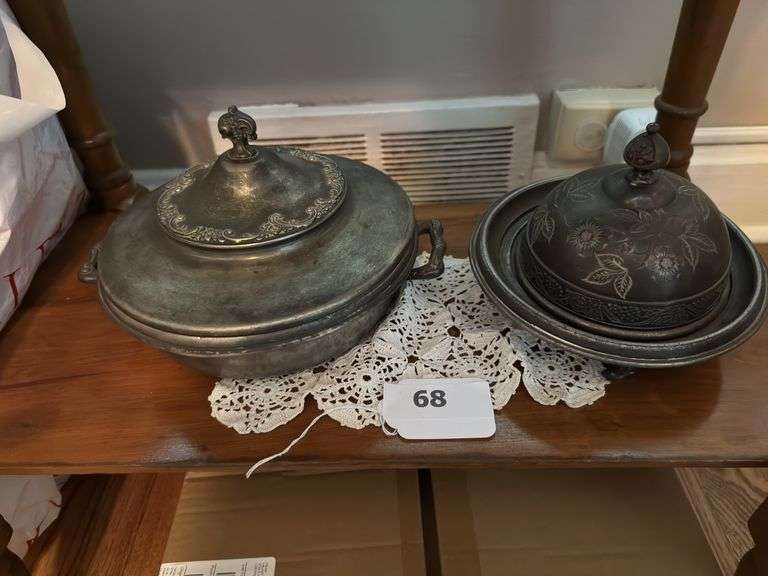 Quadruple plate  marked 722 pewter bowls with lids image