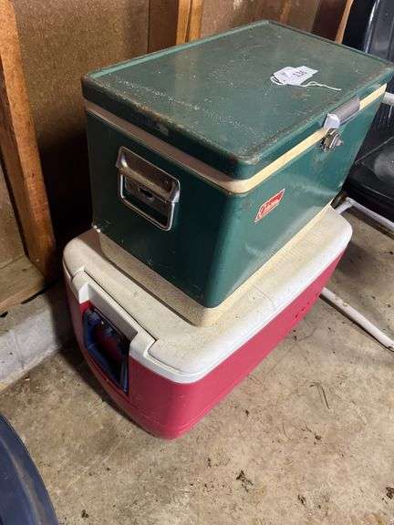 Plastic igloo cooler, vintage metal Coleman  cooler