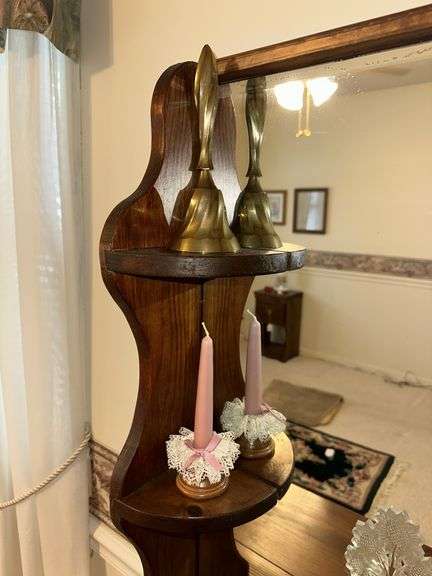 Porcelain dresser box, 2 perfume bottles (one has broken stopper), brass bell, 2 china bells, candle