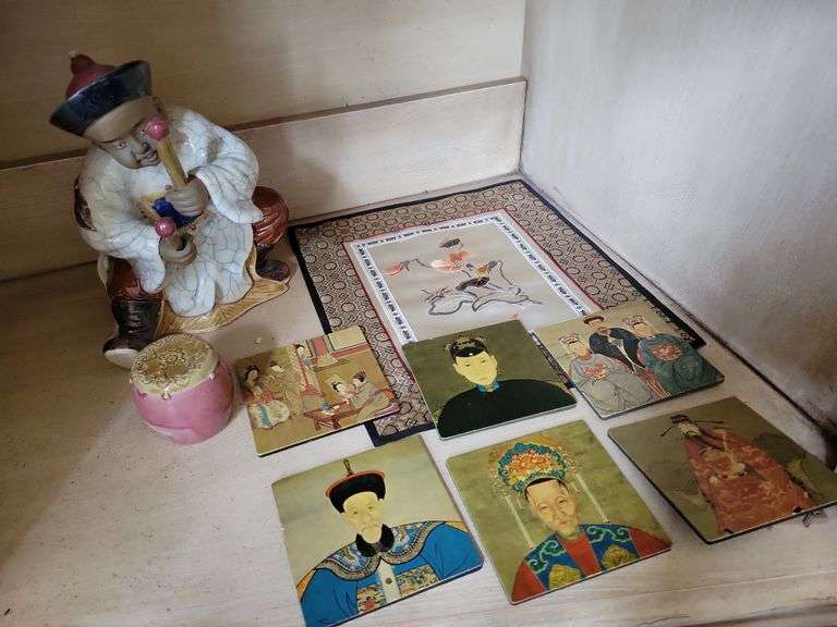 Japanese 3 Tier Stacking Jubako Lacquer Bento Box, Asian Coasters w/Felt Back, Asian Mudmen Pottery Drummer, Silk Floral Piece image