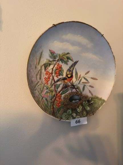 Antique hand painted and signed bird plate dated 1883 with hanger 13” image
