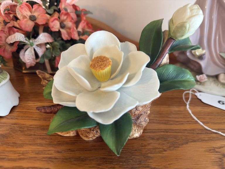 Camellia by Andrea figurine, brass box with artificial flowers, small Ardco China flower, Mann porcelain flower dish with lid (damaged)