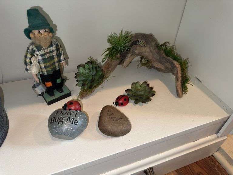 Vintage Austrian musical figure, decorative rocks, driftwood decoration image