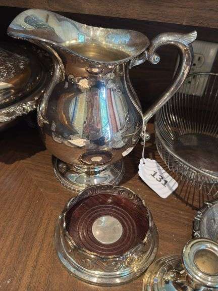 Silverplate covered serving bowl, pitcher, wire basket, wine coaster, candleholder, dish