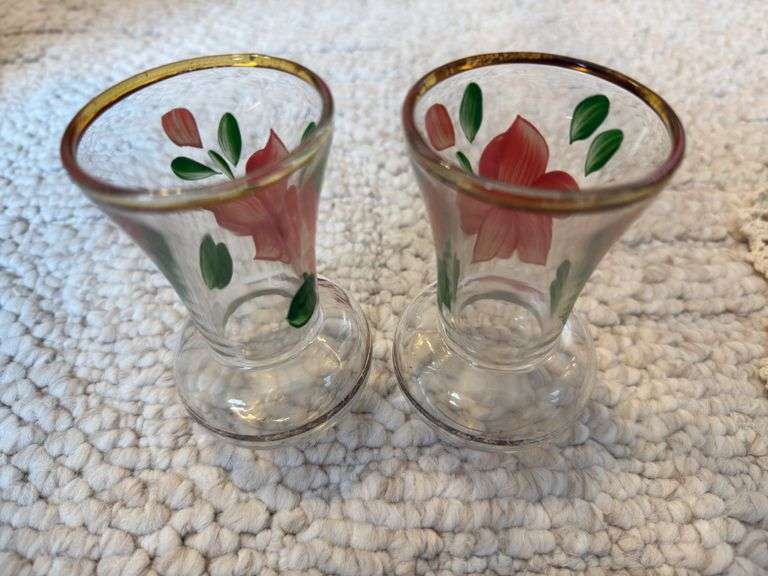 Vintage Depression Glass Amber Candy Dish, Footed, Oval Iridescent With Leaf Design, 2 small handpainted vases 4"