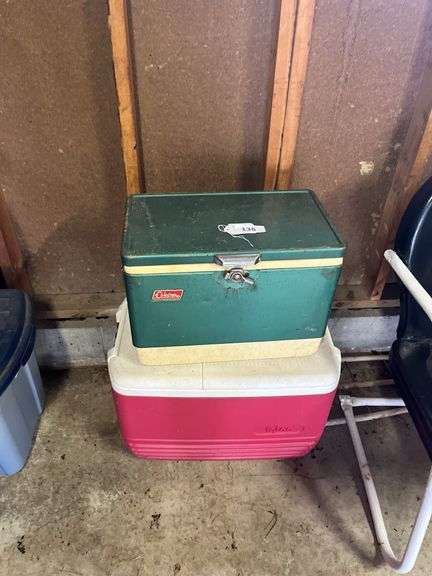 Plastic igloo cooler, vintage metal Coleman  cooler