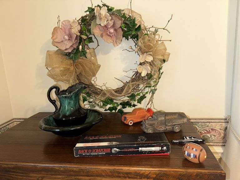 Small ceramic pitcher and bowl, grapevine wreath, Avon ‘36 Ford bottle, back scratcher, decorative car