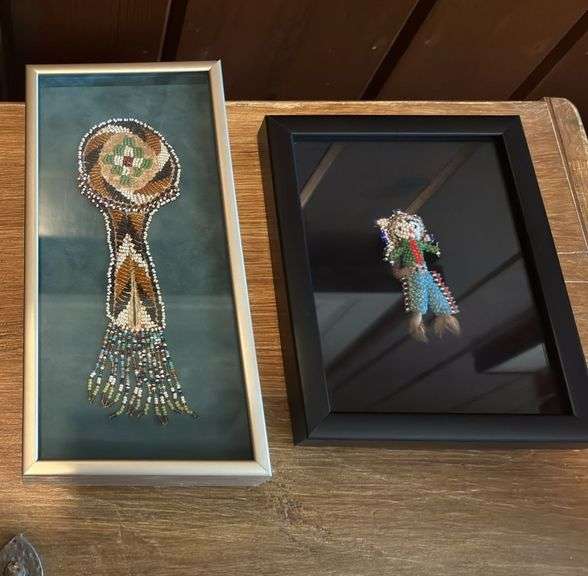 Native American beaded watch fob in frame 5” x 9.5”, beaded doll in frame 6” x 7.5” image