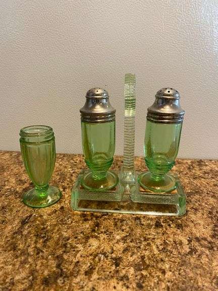 Uranium glass pieces, bowl, salt and pepper shakers, stand and shaker with no cap