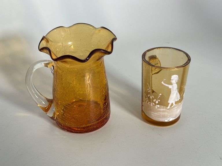 Mary Gregory style mini mug 3" & vintage amber crackle glass pitcher 4" image