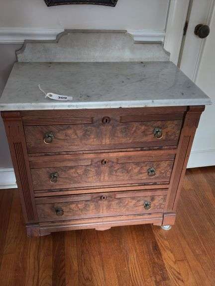 Antique Walnut 3 drawer dresser base w/ burl drawer fronts and dove tail joints image