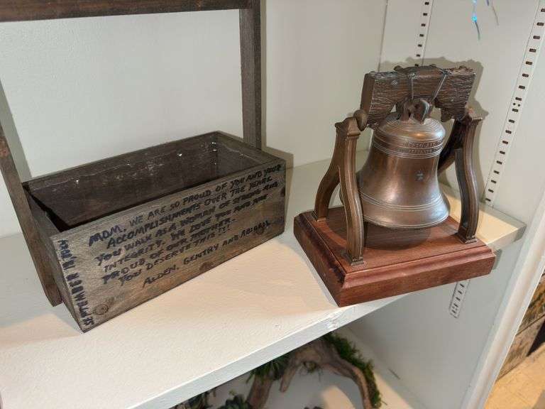 Brass bell on stand missing ringer, wooden planter image