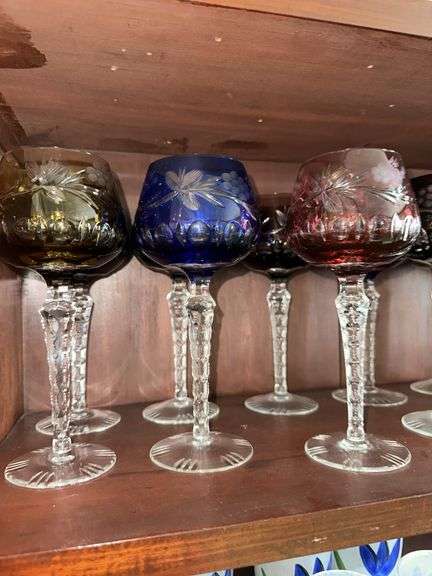 Etched crystal wine glasses with colored top and clear stems