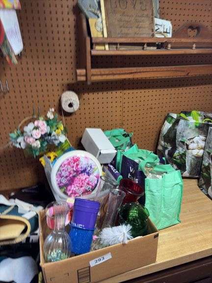 Vases, wall shelf, plaques, thermometer, misc image