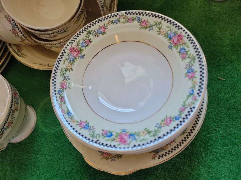 Vintage Crown Potteries Co Checkerboard Floral Dishware (some Chips)