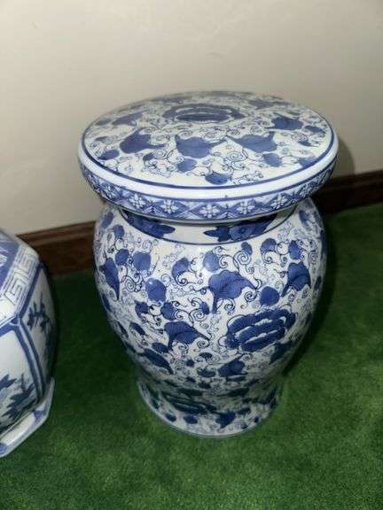 Blue and white painted garden stool 11.5” tall, blue and white vase 14.5” tall
