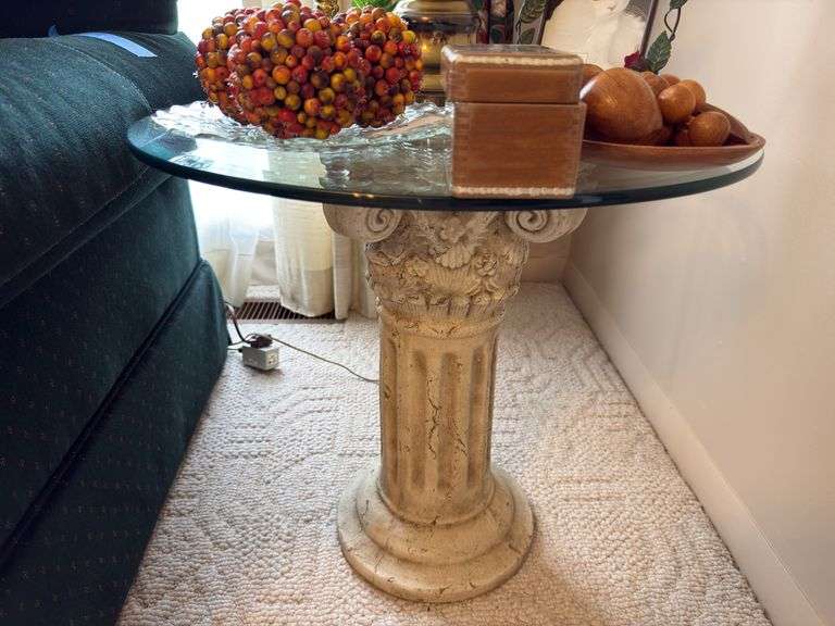 Pair of glass top lamp tables 26" dia x 22"