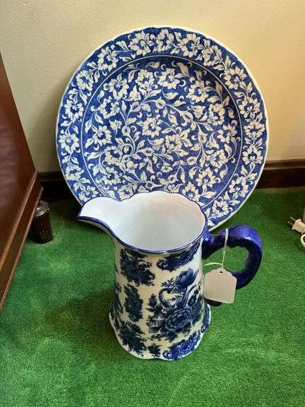 Blue/white porcelain pitcher, 16” repaired round platter image