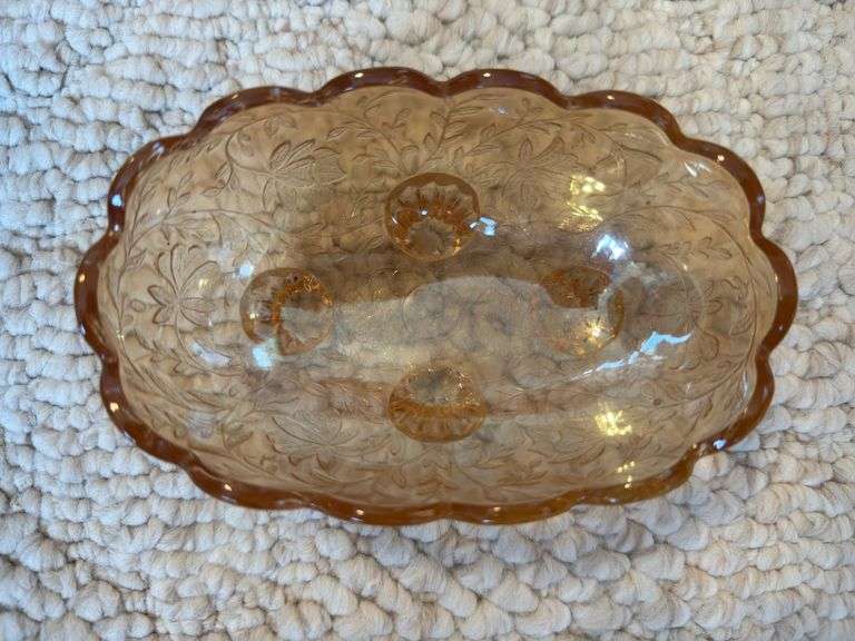 Vintage Depression Glass Amber Candy Dish, Footed, Oval Iridescent With Leaf Design, 2 small handpainted vases 4"