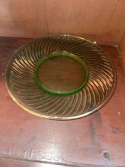 Uranium glass sherbets, stemmed glasses, cup, green depression glass plates, glass