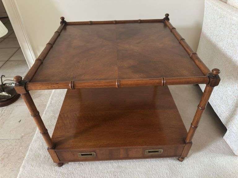Wooden side table with bamboo accent trim and one drawer