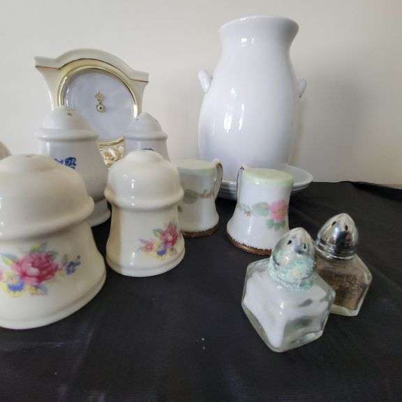 Vintage Salt/Pepper Shakers, Display Clock, Ceramic Double Handle Vase/Dish