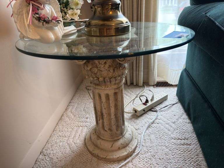 Pair of glass top lamp tables 26" dia x 22"