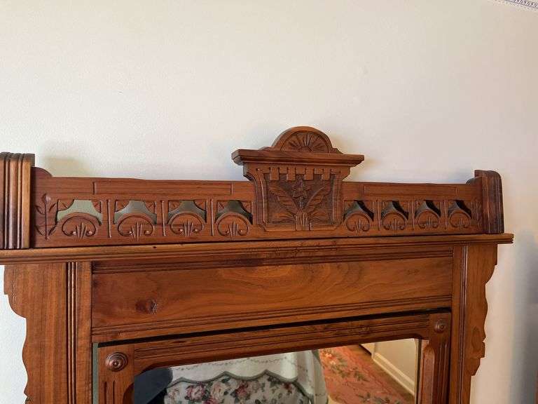 Antique Walnut dresser w /marble top, carved mirror w/ candle shelves