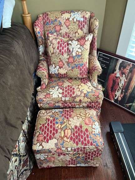 Upholstered wingback chair w/ matching ottoman
