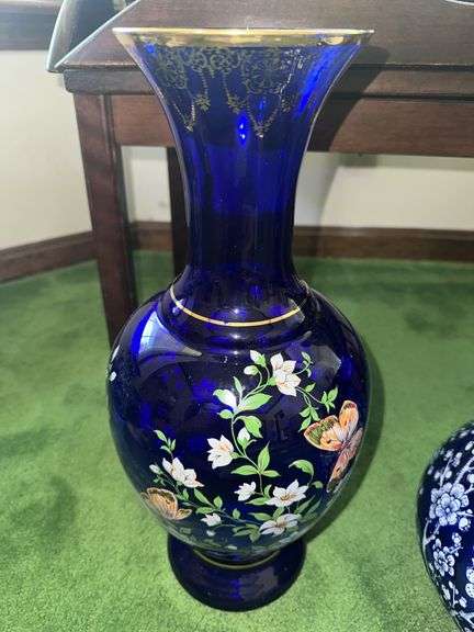 17” tall Cobalt blue glass vase with hand painted design, 12” white and blue decorative 2 handle vase